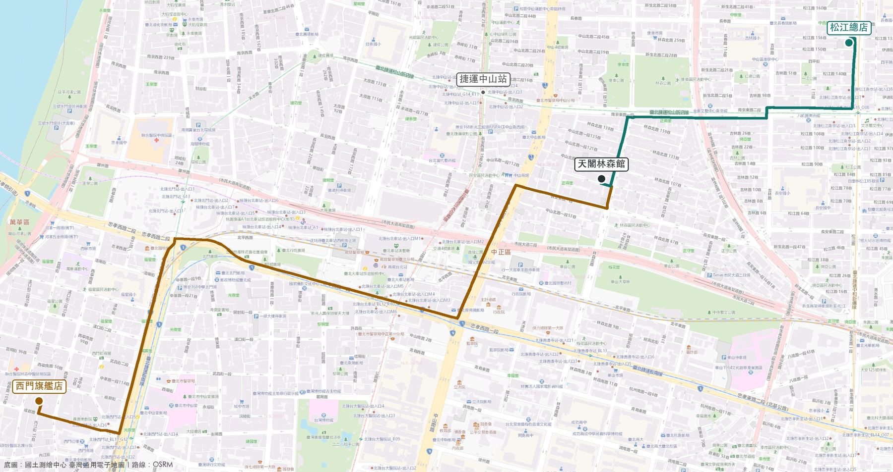從天閣林森館到松江總店與西門旗艦店的路線地圖